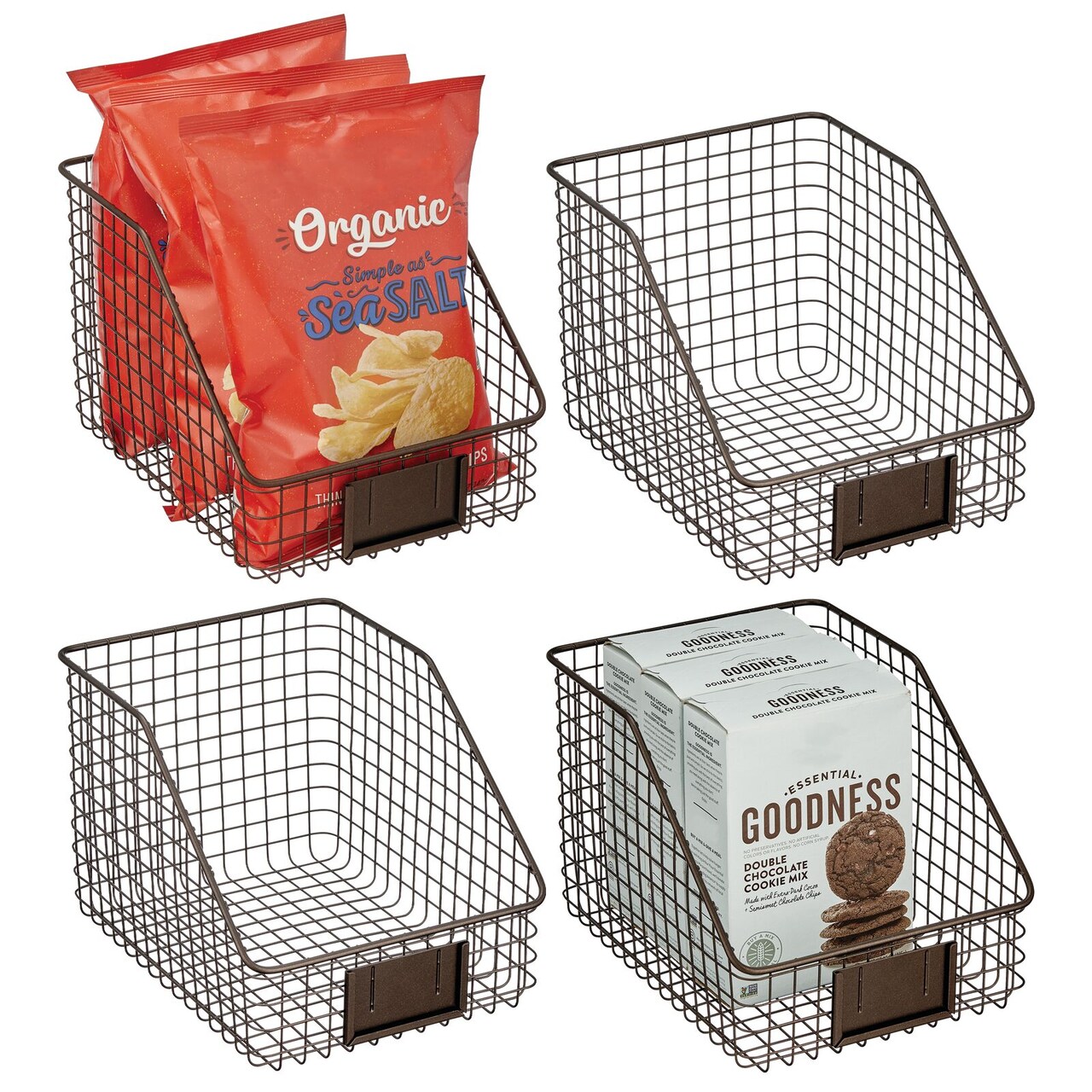 mDesign Slanted Front Kitchen Pantry Storage Organizer Basket - 4 Pack